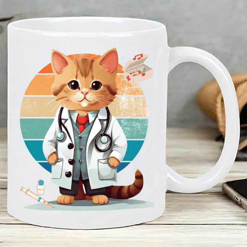 Tailorly White Ceramic 11 oz Mug - Adorable Ginger Kitten Wearing Professional Medical Attire Standing Before Vintage Circle Doctor Cat