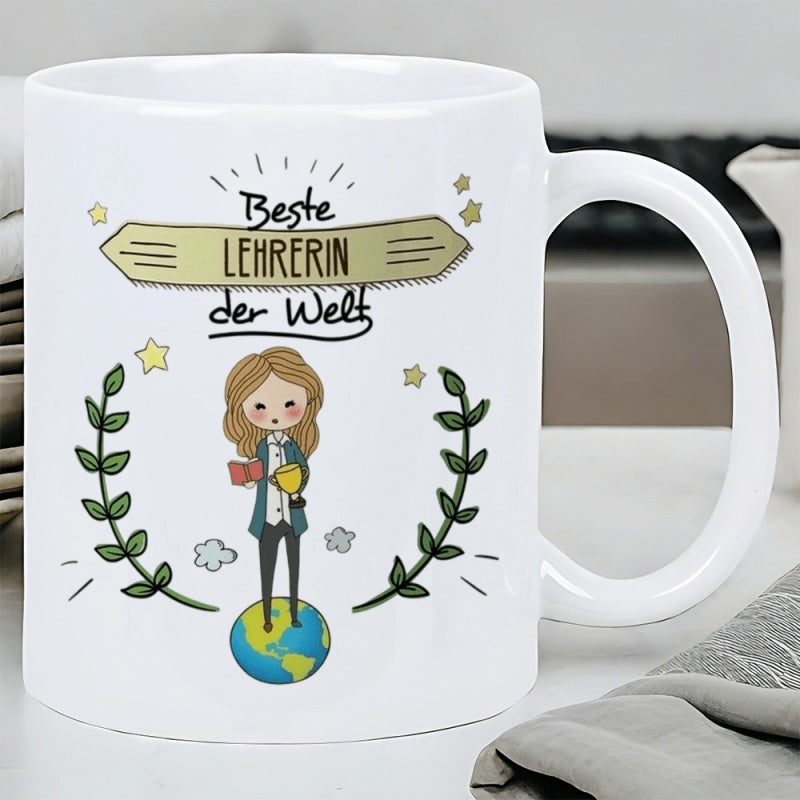 Tailorly White Ceramic 11 oz Mug - Cute Cartoon Character Standing On Globe Holding Trophy And Wreath Teacher