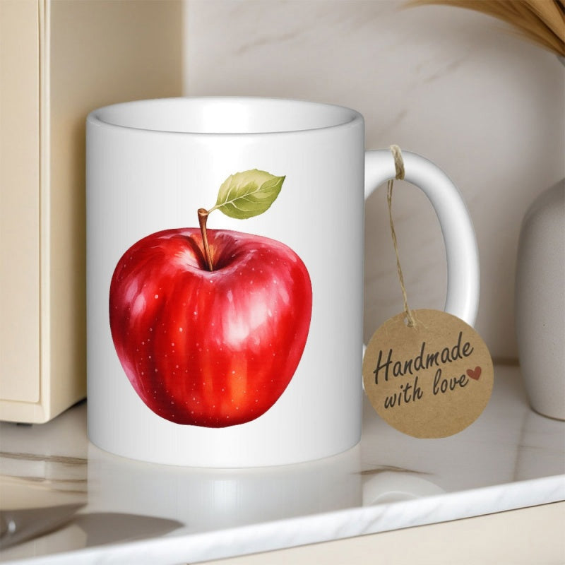 Tailorly White Ceramic 11 oz Mug - Handmade With Love Realistic Watercolor Vibrant Red Fruit With Single Green Leaf Apple