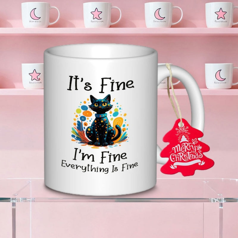 Tailorly White Ceramic 11 oz Mug - Its Fine Im Fine Everything Is Fine Artistic Black Cat Sitting Among Colorful Abstract Speckled Patterns Cat