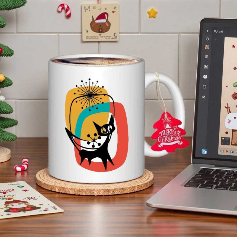 Tailorly White Ceramic 11 oz Mug - Merry Christmas Mid Century Modern Abstract Geometric Shapes With Retro Starburst Atomic Black Cat