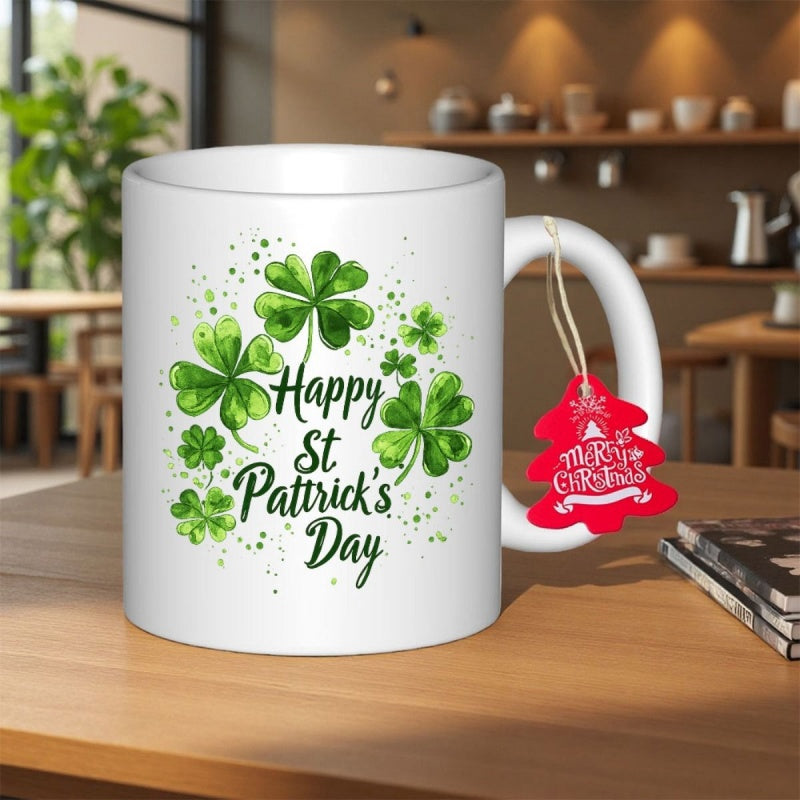 Tailorly White Ceramic 11 oz Mug - Happy St Patricks Day Lush Green Clovers Featuring Artistic Paint Splatters And Delicate Leaves Shamrock