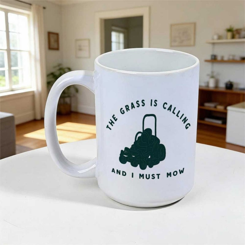 Tailorly White Ceramic 11 oz Mug - The Grass Is Calling And I Must Mow Minimalist Garden Mowing Tool With Artistic Silhouette Lines Outdoor Lawn Mower