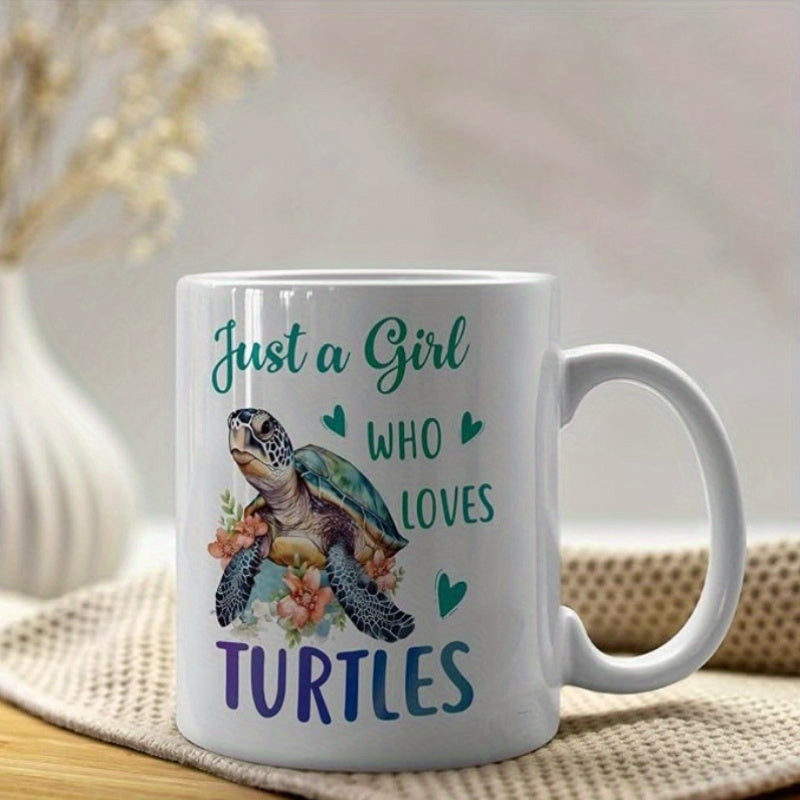 Tailorly White Ceramic 11 oz Mug - Just A Girl Who Loves Turtles Majestic Sea Turtle Swimming Among Delicate Colorful Flowers And Teal Hearts Turtle