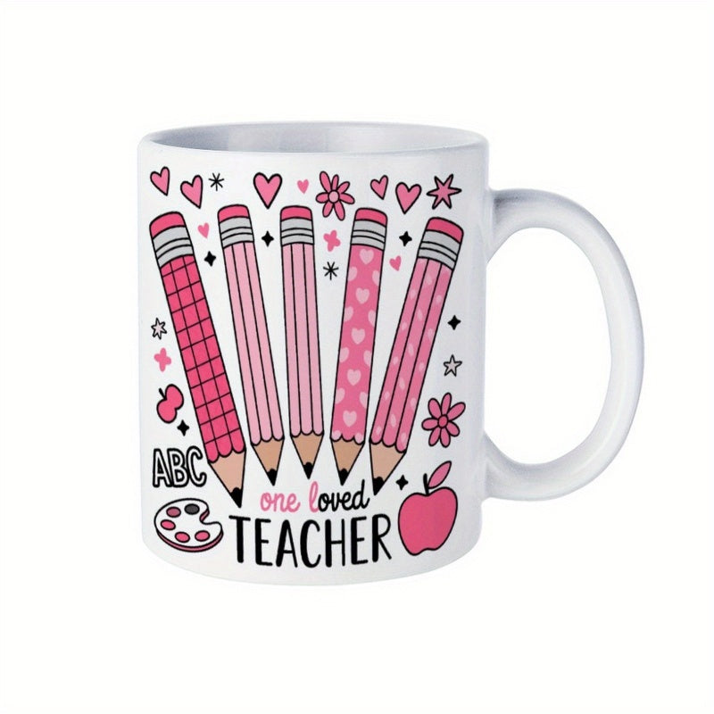 Tailorly White Ceramic 11 oz Mug - ABC One Loved Teacher Pink Patterned Writing Tools Surrounded By Hearts Flowers And Apple Pencil