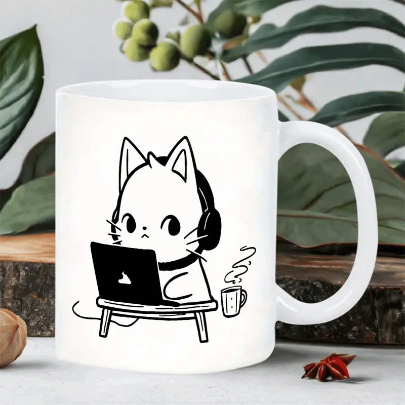 Tailorly White Ceramic 11 oz Mug - Cute Minimalist Cartoon Illustration Of Focused Coding Kitten At Desk Cat