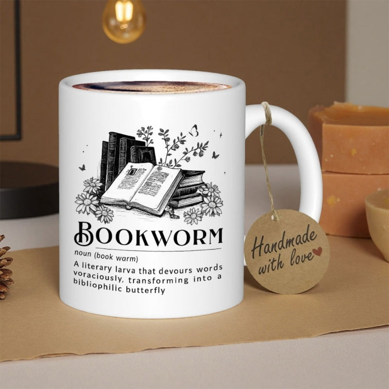 Tailorly White Ceramic 11 oz Mug - Bookworm Vintage Engraving Style Open Book Among Delicate Flowers And Tiny Butterflies Book
