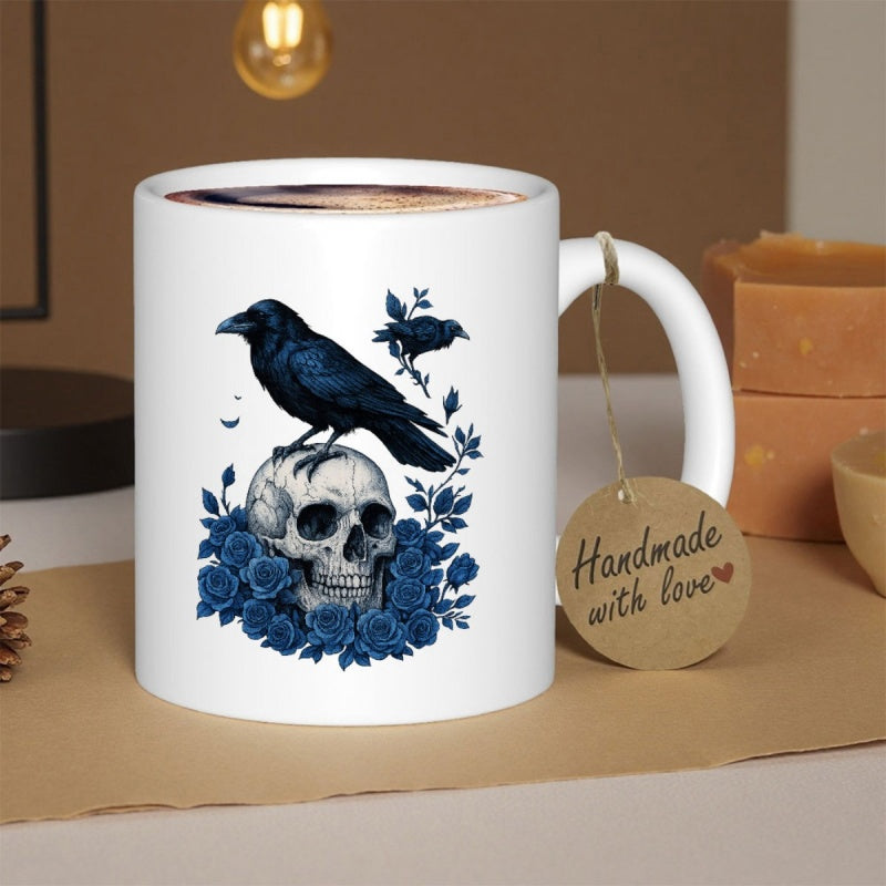 Tailorly White Ceramic 11 oz Mug - Handmade With Love Weathered Human Skull Among Blue Roses And Dark Raven Skull