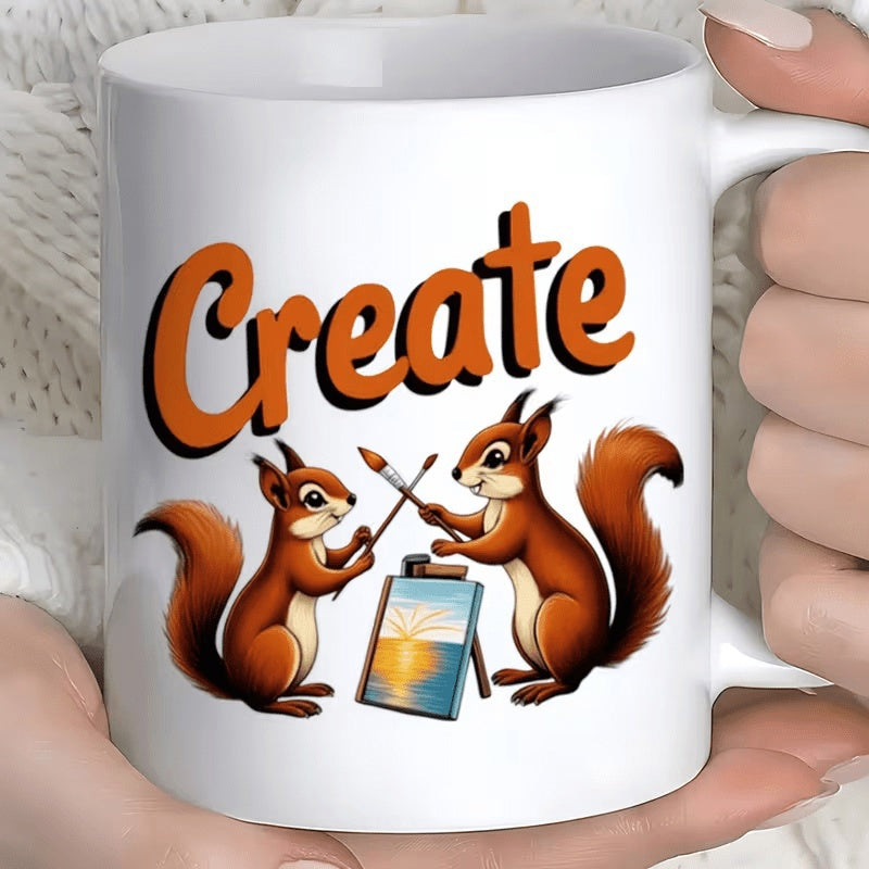 Tailorly White Ceramic 11 oz Mug - Create Two Playful Squirrels Painting A Sunset Scene On An Easel Squirrel