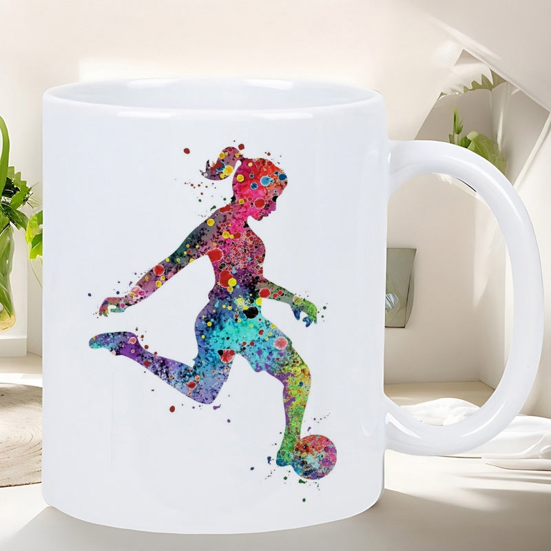 Tailorly White Ceramic 11 oz Mug - Colorful Watercolor Paint Splatter Design Featuring A Dynamic Female Action Silhouette Soccer Player