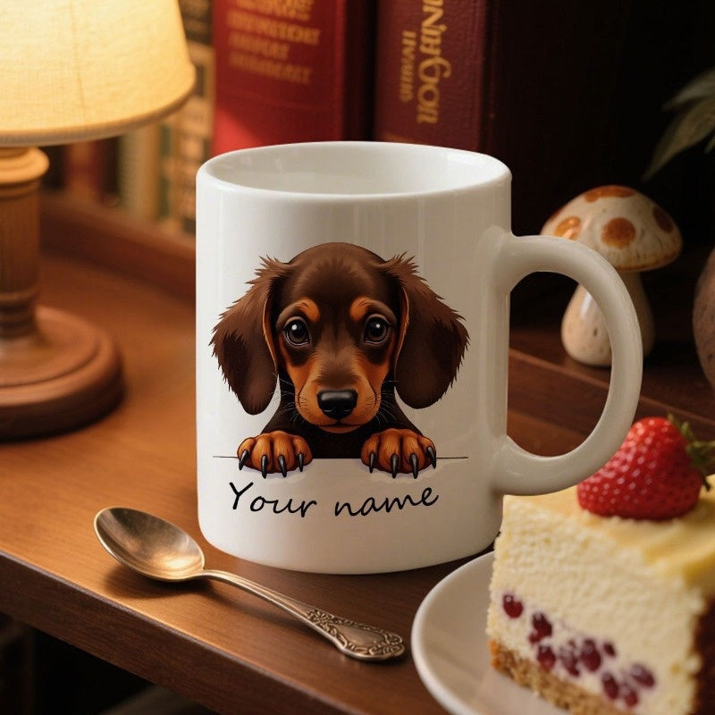 Tailorly White Ceramic 11 oz Mug - Your Name Cute Brown Long Eared Puppy Peering Over Dachshund