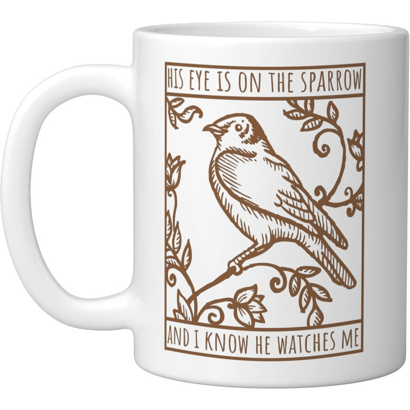 Tailorly White Ceramic 11 oz Mug - His Eye Is On The Sparrow And I Know He Watches Me Vintage Woodcut Design With Floral Branches And Leaves Sparrow