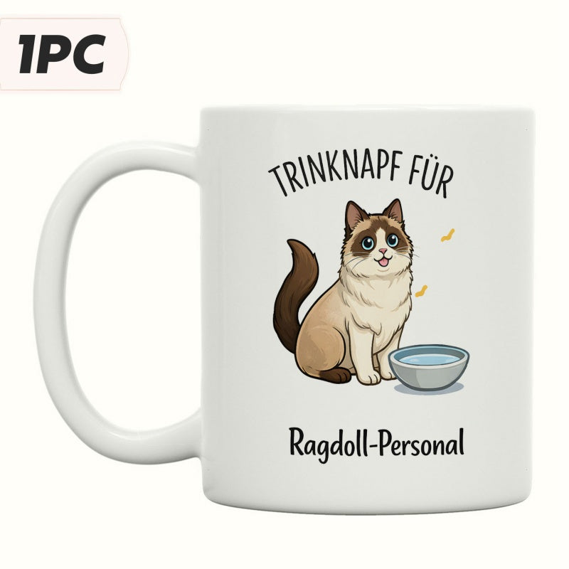 Tailorly White Ceramic 11 oz Mug - Ragdoll Personal Adorable Fluffy Feline Sitting Beside A Small Blue Water Bowl Cat