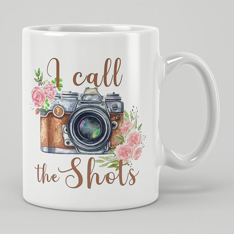 Tailorly White Ceramic 11 oz Mug - I Call The Shots Vintage Style Device Adorned With Blooming Pink Roses And Green Leaves Camera