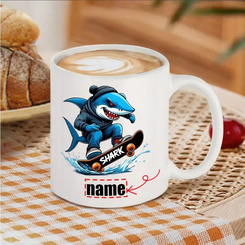 Tailorly White Ceramic 11 oz Mug - Shark Name Cool Streetwear Character Riding A Fast Moving Skateboard Shark