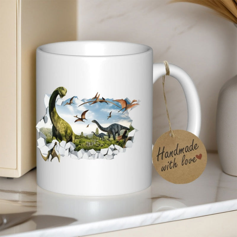 Tailorly White Ceramic 11 oz Mug - Handmade With Love Prehistoric Landscape Emerging From A Ripped White Wall With Flying Pterodactyls Dinosaur