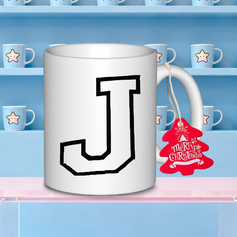 Tailorly White Ceramic 11 oz Mug - J Merry Christmas Bold Black And White Varsity Style Athletic Block Monogram Initial Letter