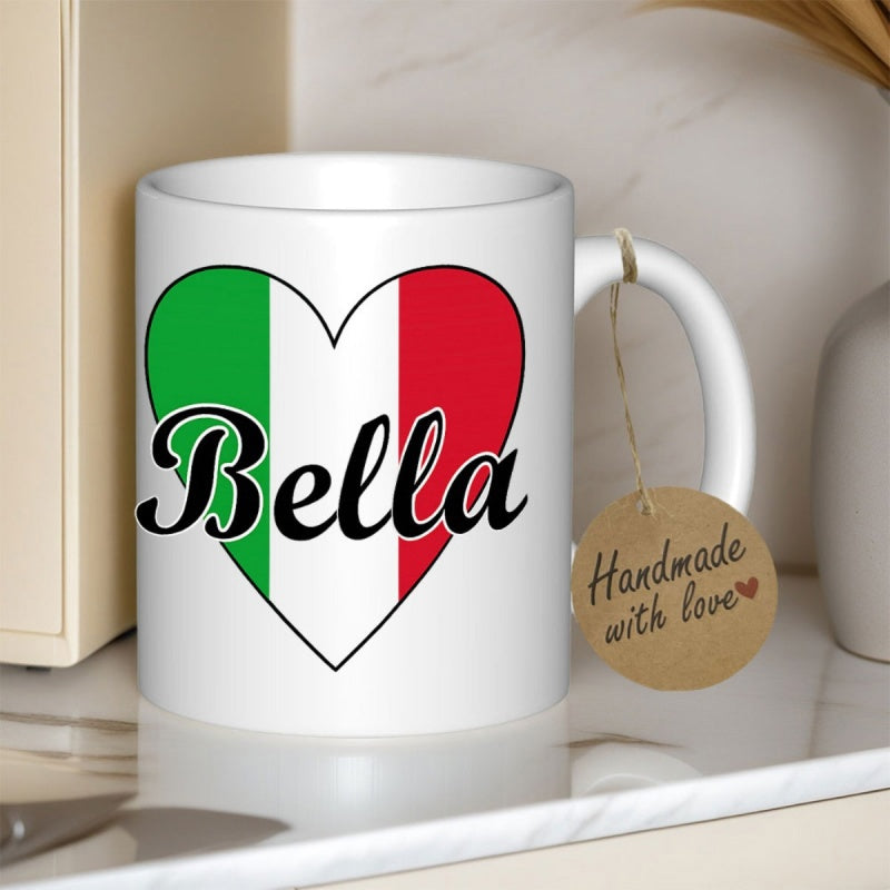 Tailorly White Ceramic 11 oz Mug - Bella Vibrant Italian Flag Colors Within A Classic Smooth Symmetrical Outline Heart