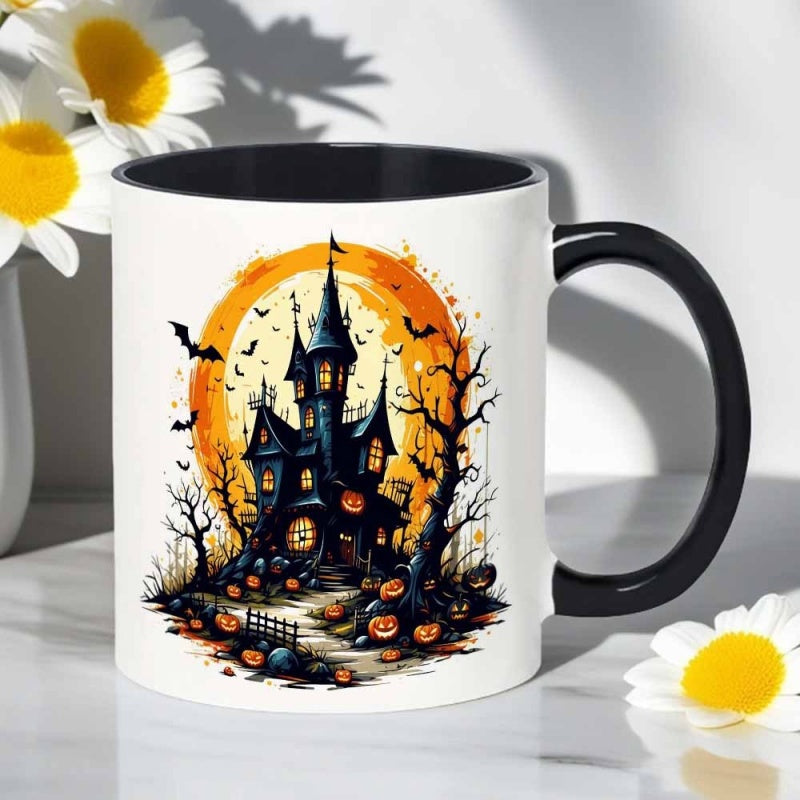 Tailorly Black Accent 11 oz Mug - halloween castle surrounded by pumpkins bats spooky gothic design