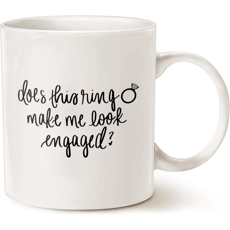 Tailorly White Ceramic 11 oz Mug - Does This Ring Make Me Look Engaged Simple Line Art Drawing Featuring A Small Diamond Ring Mug