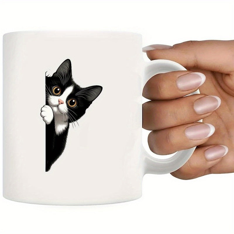 Tailorly White Ceramic 11 oz Mug - Adorable Tuxedo Kitten Peeking Curiously From Behind A White Vertical Edge Cat