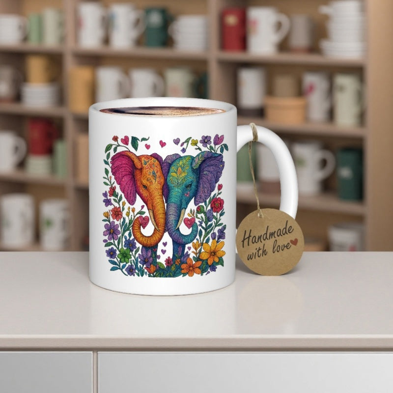 Tailorly White Ceramic 11 oz Mug - Handmade With Love Two Vibrant Colorful Elephants Facing Each Other Within A Beautiful Floral Garden Elephant