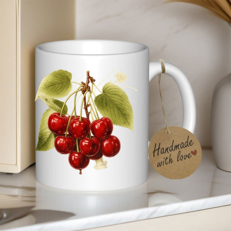 Tailorly White Ceramic 11 oz Mug - Handmade With Love Vibrant Red Ripe Cherries On Stem With Green Leaves Cherry