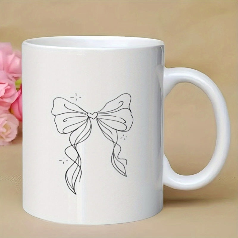 Tailorly White Ceramic 11 oz Mug - Minimalist Thin Line Art Drawing Featuring A Delicate Ribbon With Heart Bow
