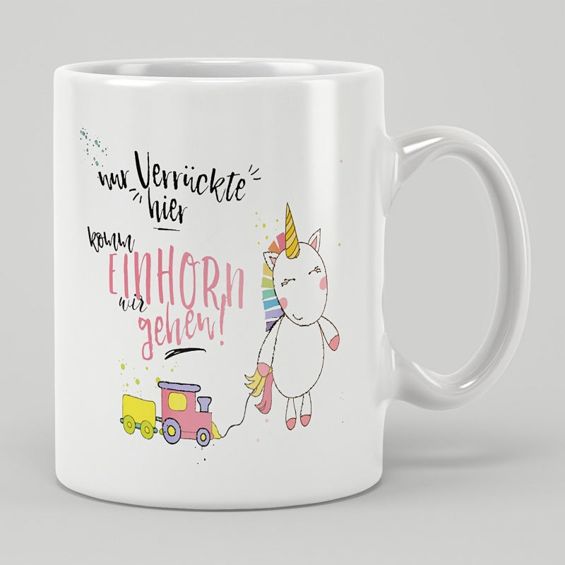 Tailorly White Ceramic 11 oz Mug - Magical Mythical Creature Pulling A Small Rainbow Toy Steam Train Unicorn
