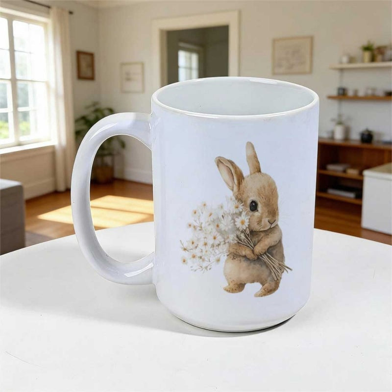 Tailorly White Ceramic 11 oz Mug - Adorable Watercolor Art Holding Tiny Delicate Flowers With A Fluffy Rabbit