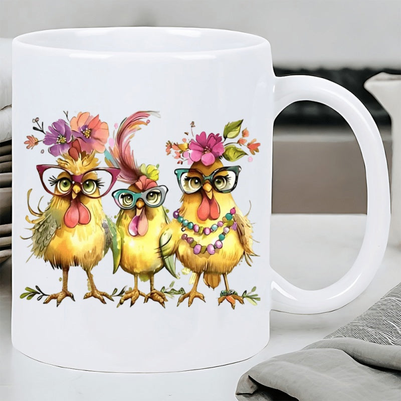 Tailorly White Ceramic 11 oz Mug - Three Whimsical Yellow Chickens Wearing Glasses And Colorful Floral Crowns Chicken