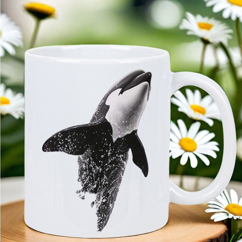Tailorly White Ceramic 11 oz Mug - Artistic Monochrome Silhouette Jumping From Sparkling Ocean Waves Powerful Orca