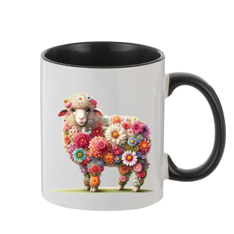 Tailorly Black Accent 11 oz Mug - floral sheep pattern