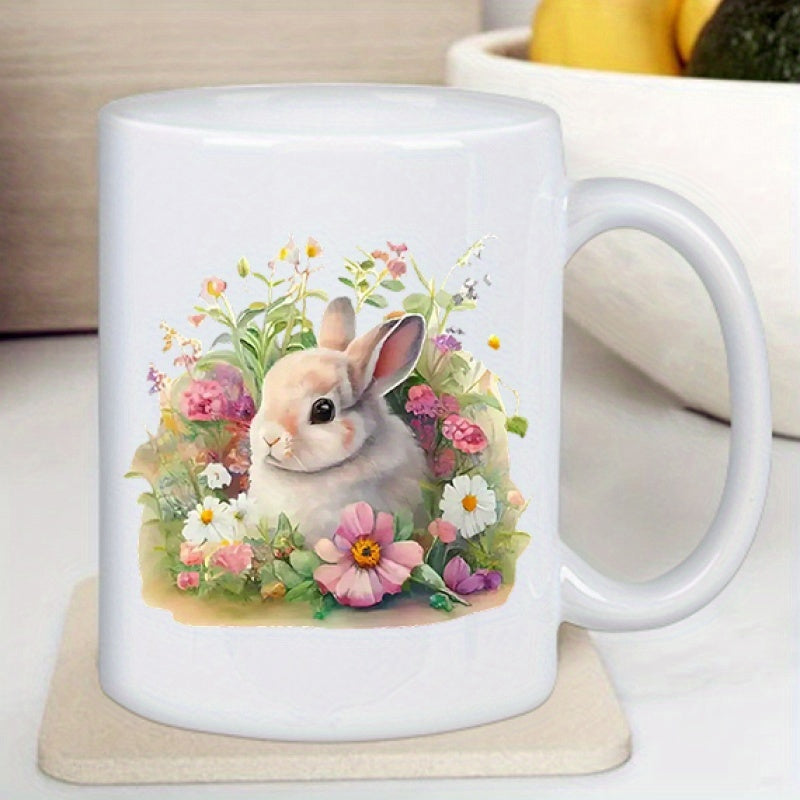 Tailorly White Ceramic 11 oz Mug - Adorable Fluffy Rabbit Nestled Within Colorful Spring Garden Flowers And Greenery Rabbit