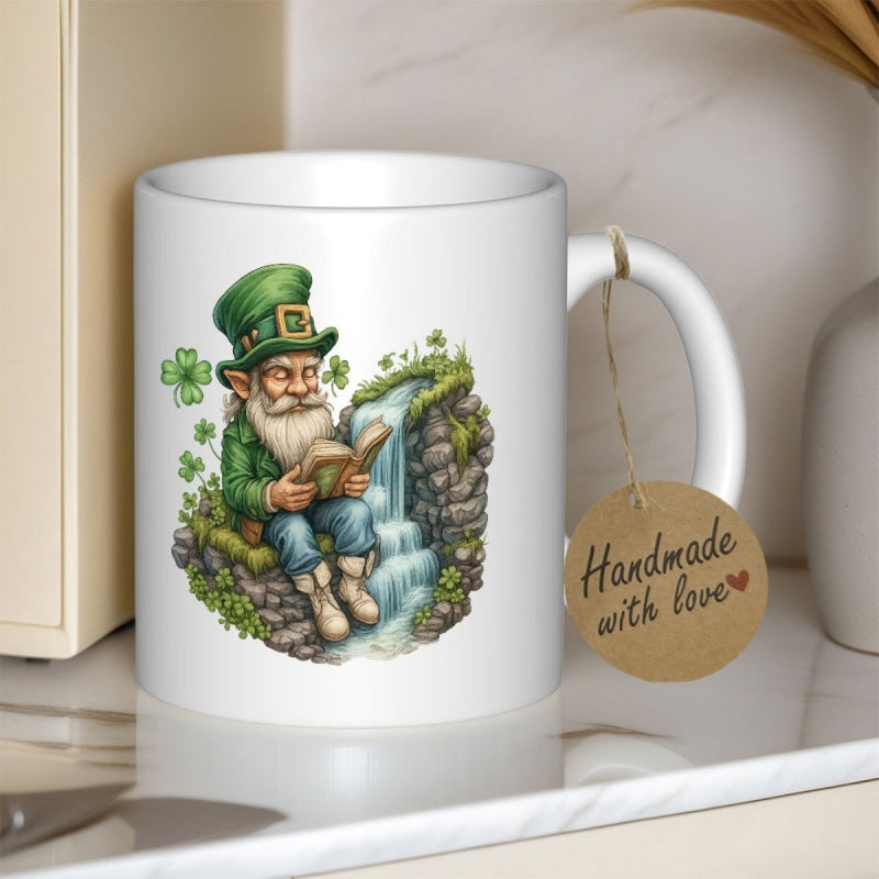 Tailorly White Ceramic 11 oz Mug - Handmade With Love Green Folklore Figure Reading A Book Beside A Scenic Waterfall Leprechaun