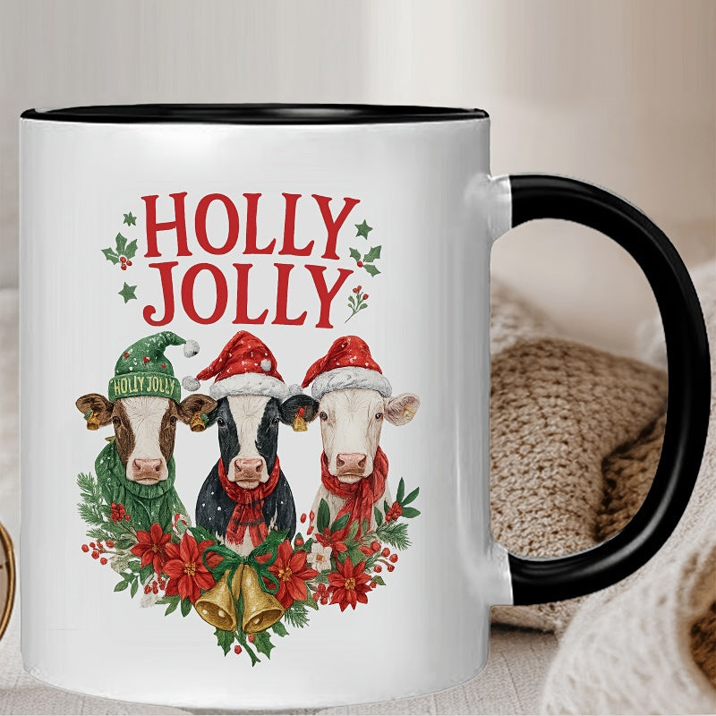 Tailorly Black Accent 11 oz Mug - festive santa hat cows holly design