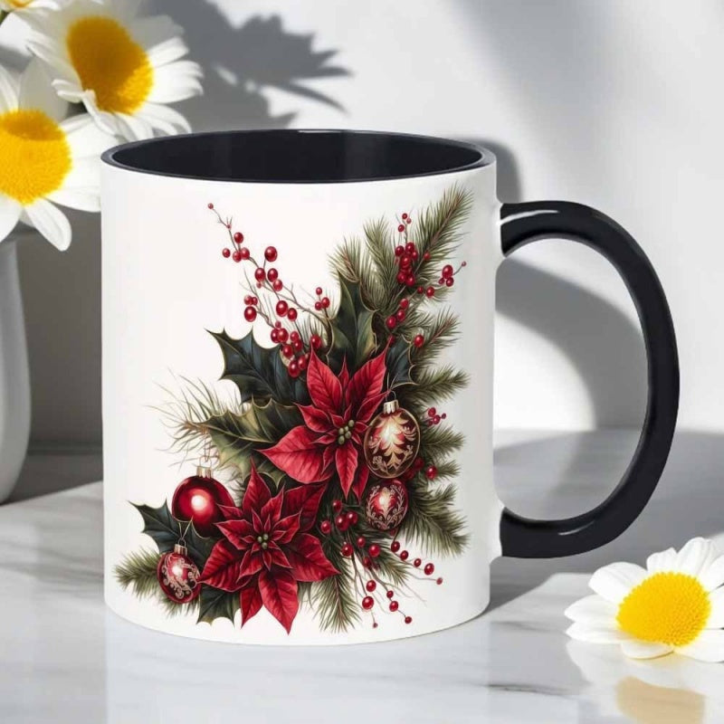 Tailorly Black Accent 11 oz Mug - poinsettia pine cone