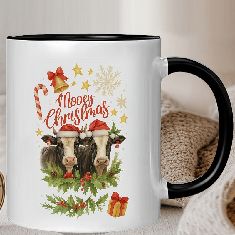 Tailorly Black Accent 11 oz Mug - cute cows in santa hats and christmas elements