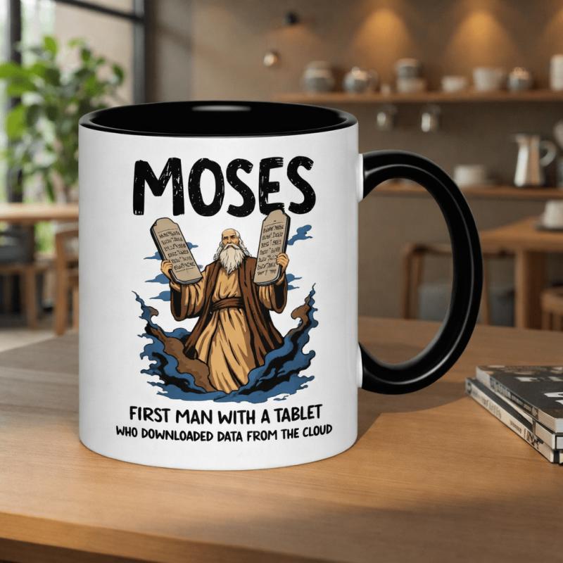 Tailorly Black Accent 11 oz Mug - moses with a tablet who downloaded data from