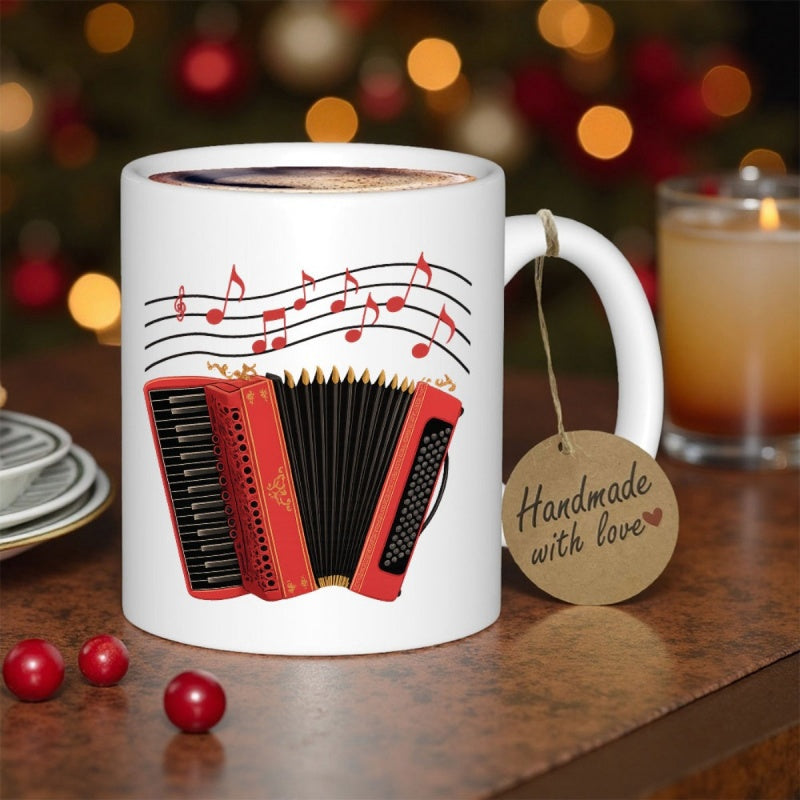 Tailorly White Ceramic 11 oz Mug - Vibrant Red Musical Instrument With Graceful Notes Dancing Across Porcelain Accordion