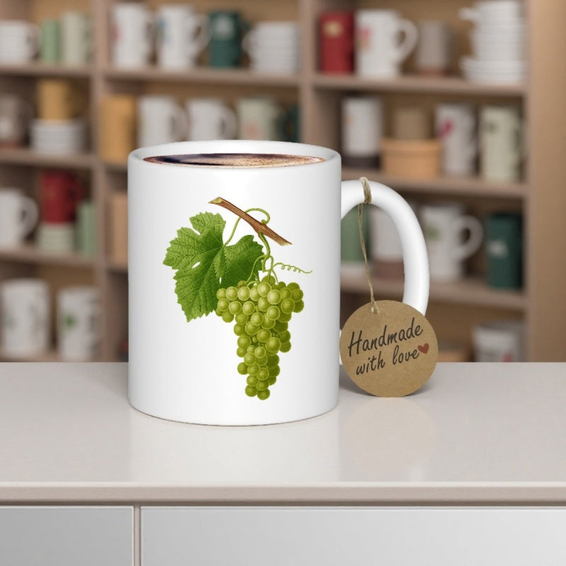 Tailorly White Ceramic 11 oz Mug - Handmade With Love Vibrant Green Cluster Hanging From A Large Textured Leafy Vine Grapes