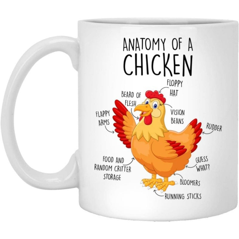Tailorly White Ceramic 11 oz Mug - Anatomy Of A Chicken Humorous Illustrative Diagram With Educational Arrows Pointing At Funny Body Parts Chicken