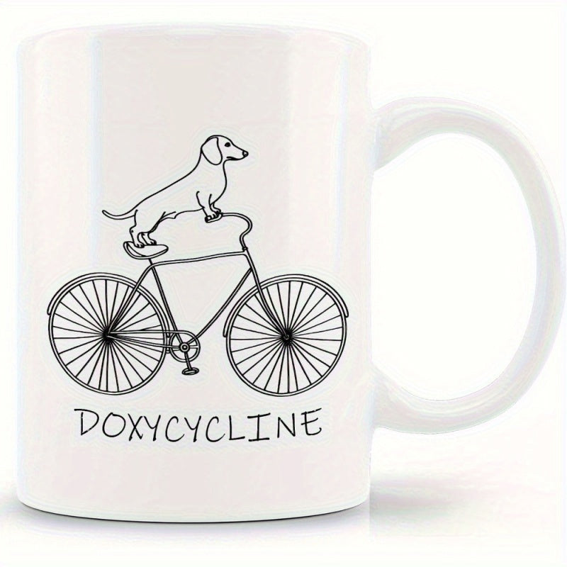 Tailorly White Ceramic 11 oz Mug - Doxycycline Minimalist Line Art Featuring A Dachshund Standing On A Vintage Style Dachshund