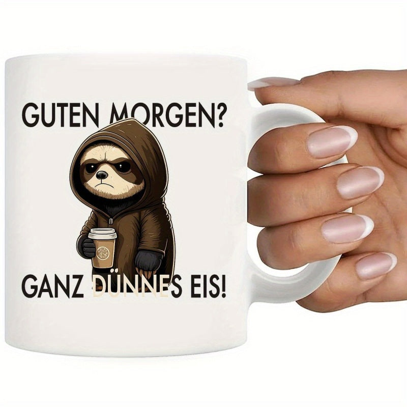 Tailorly White Ceramic 11 oz Mug - Grumpy Hoodie Wearing Character Holding Hot Beverage Cup In Hand Sloth