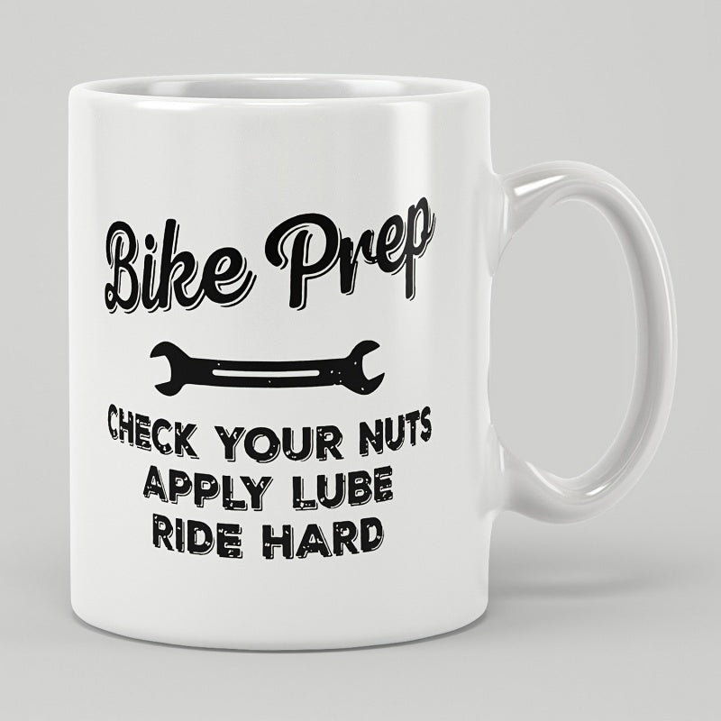 Tailorly White Ceramic 11 oz Mug - Bike Prep Check Your Nuts Apply Lube Ride Hard Industrial Black Tool Silhouette With Bold Distressed Script Text Wrench