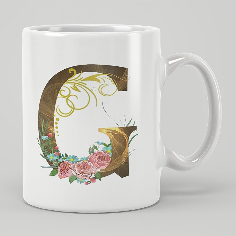 Tailorly White Ceramic 11 oz Mug - G Elegant Monogram Design Featuring Blooming Pink Roses And Golden Artistic Swirls Mug