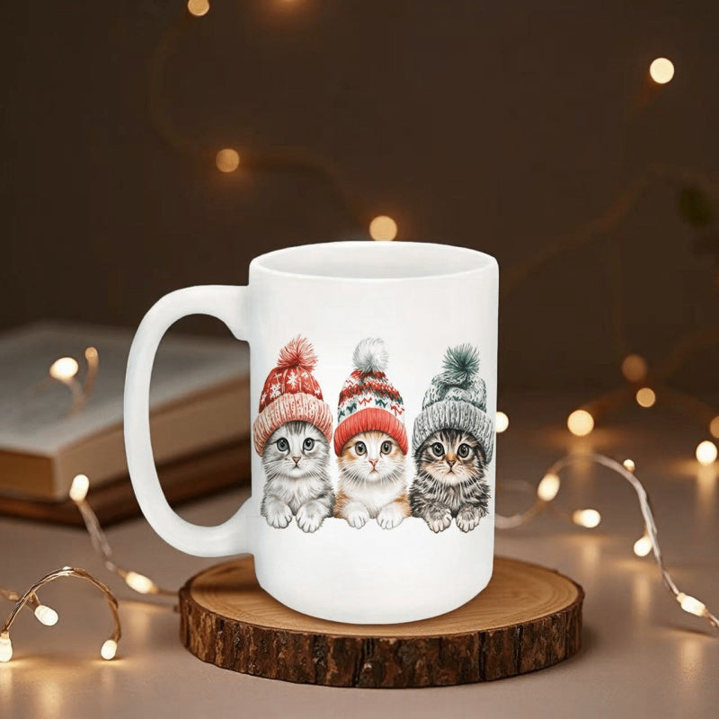Tailorly White Ceramic 11 oz Mug - Three Adorable Small Cats Wearing Festive Winter Pom Pom Hats Cats