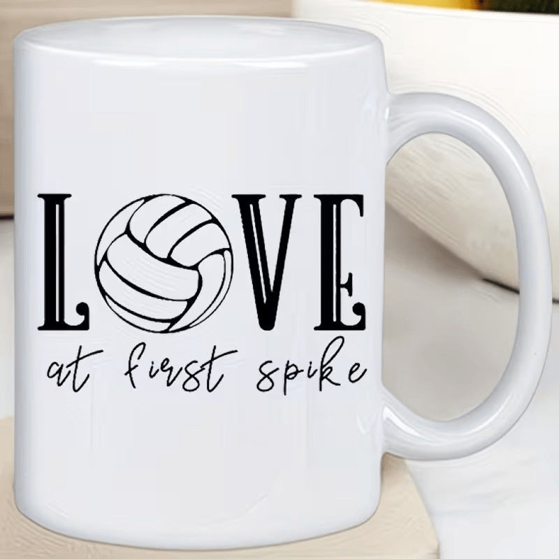 Tailorly White Ceramic 11 oz Mug - Love At First Spike Minimalist Black Line Art Showing A Dynamic Circular Athletic Sports Equipment Volleyball