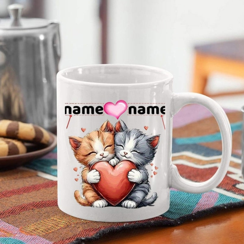 Tailorly White Ceramic 11 oz Mug - Name Name Two Adorable Kittens Hugging A Large Red Heart Surrounded By Hearts Cat