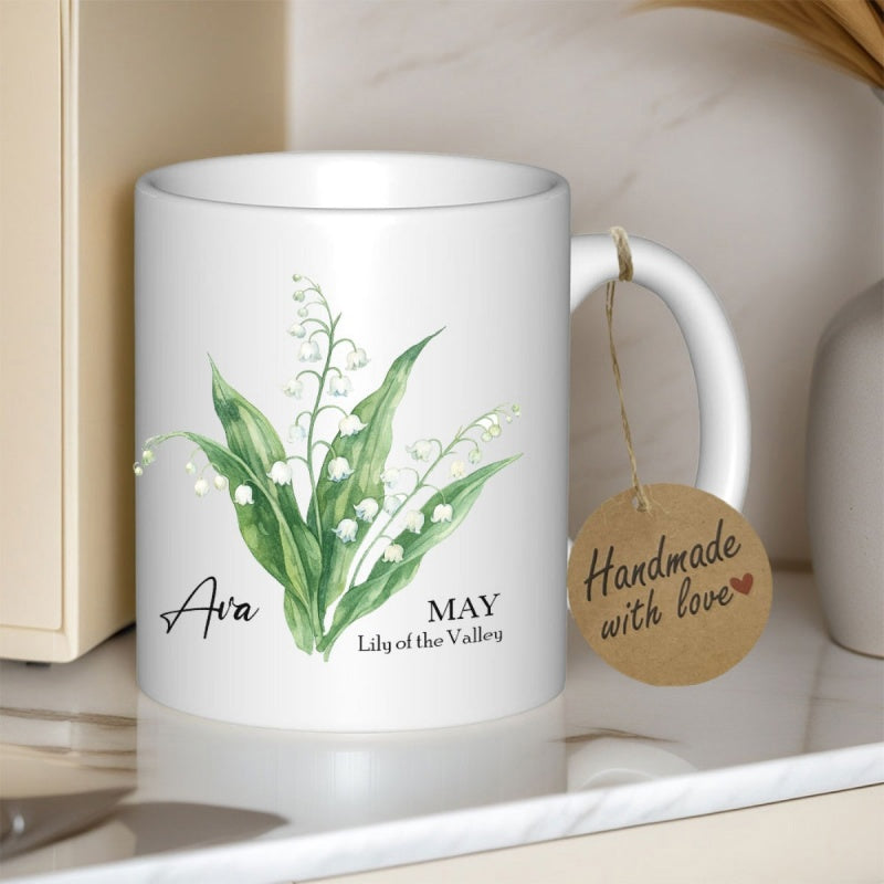 Tailorly White Ceramic 11 oz Mug - Ava May Lily Of The Valley Elegant Green Leaves With Delicate White Bell Shapes In Watercolor Style Flower